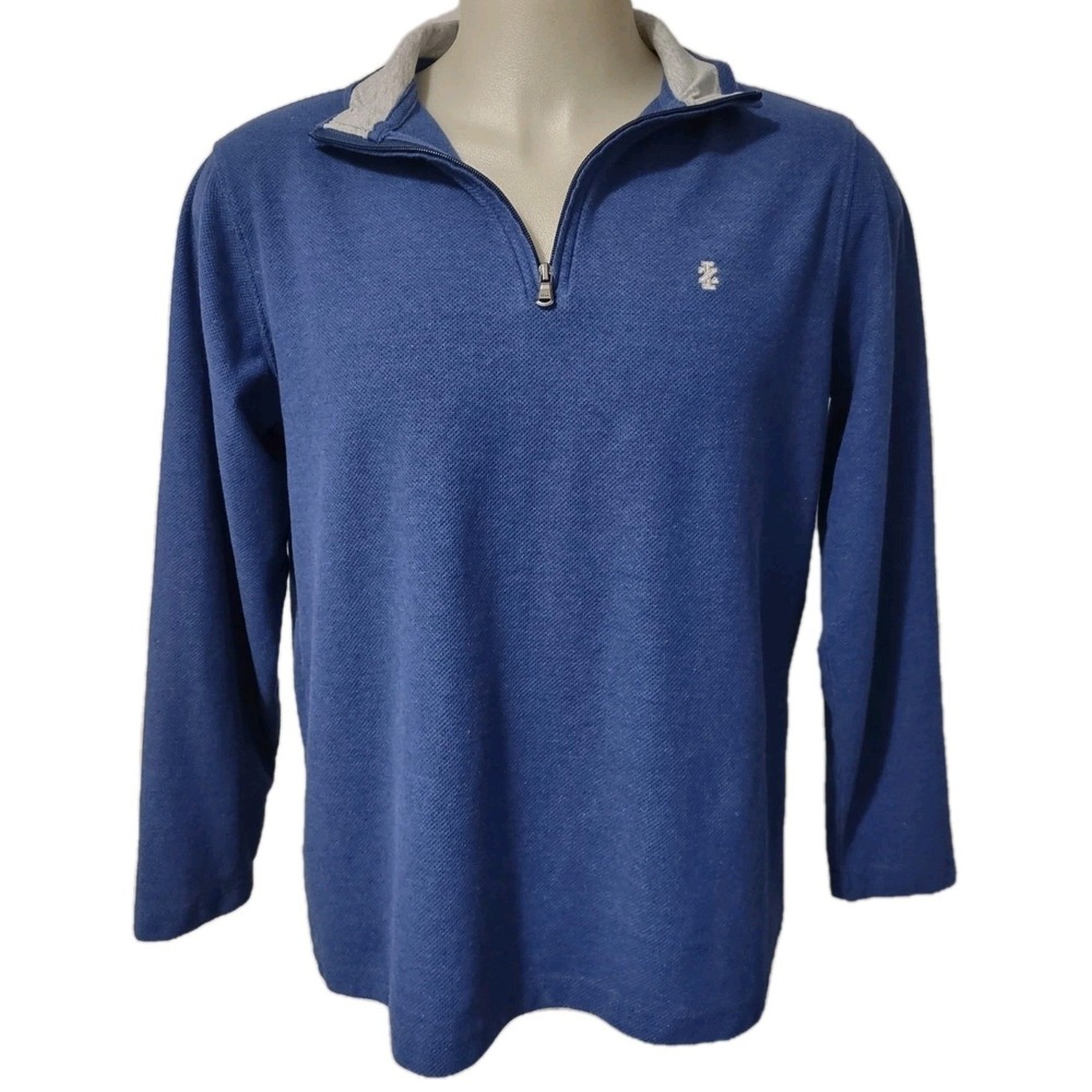 IZOD Quarter Zip Pullover Large Men Blue Athleisure Norm Core Logo Mock Neck Top
